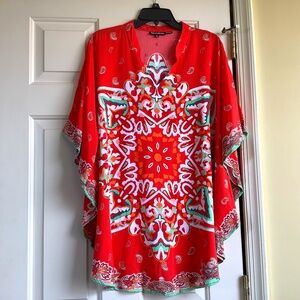 Tolani Mandarin Collar Printed Woven Caftan Tunic Red SZ XL